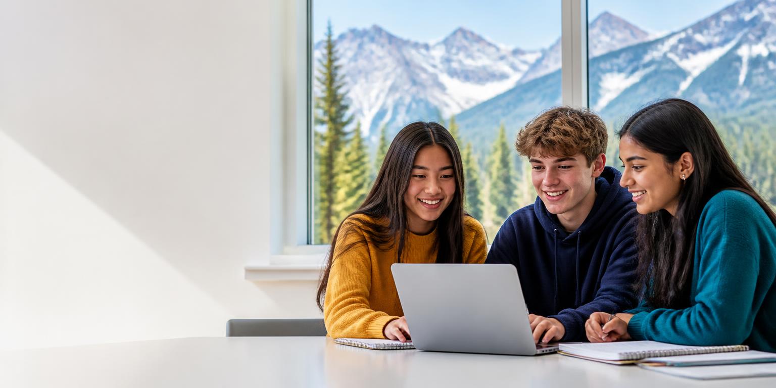 Three Alberta high-school students learning together with a laptop